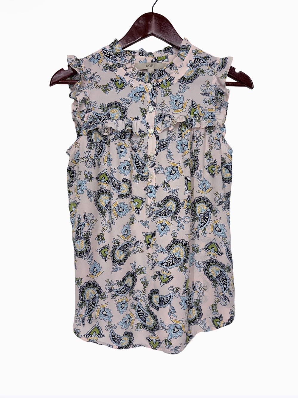 LOFT Blue Floral Blush Pink Ruffle Trim Half Button Front Popover Blouse Size XS